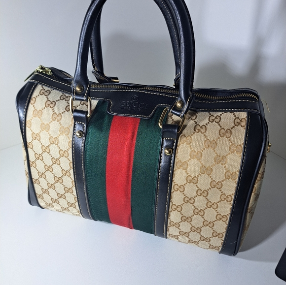 Luxury Beige Canvas Satchel with Green and Red Web Stripe. - Picture 5 of 9